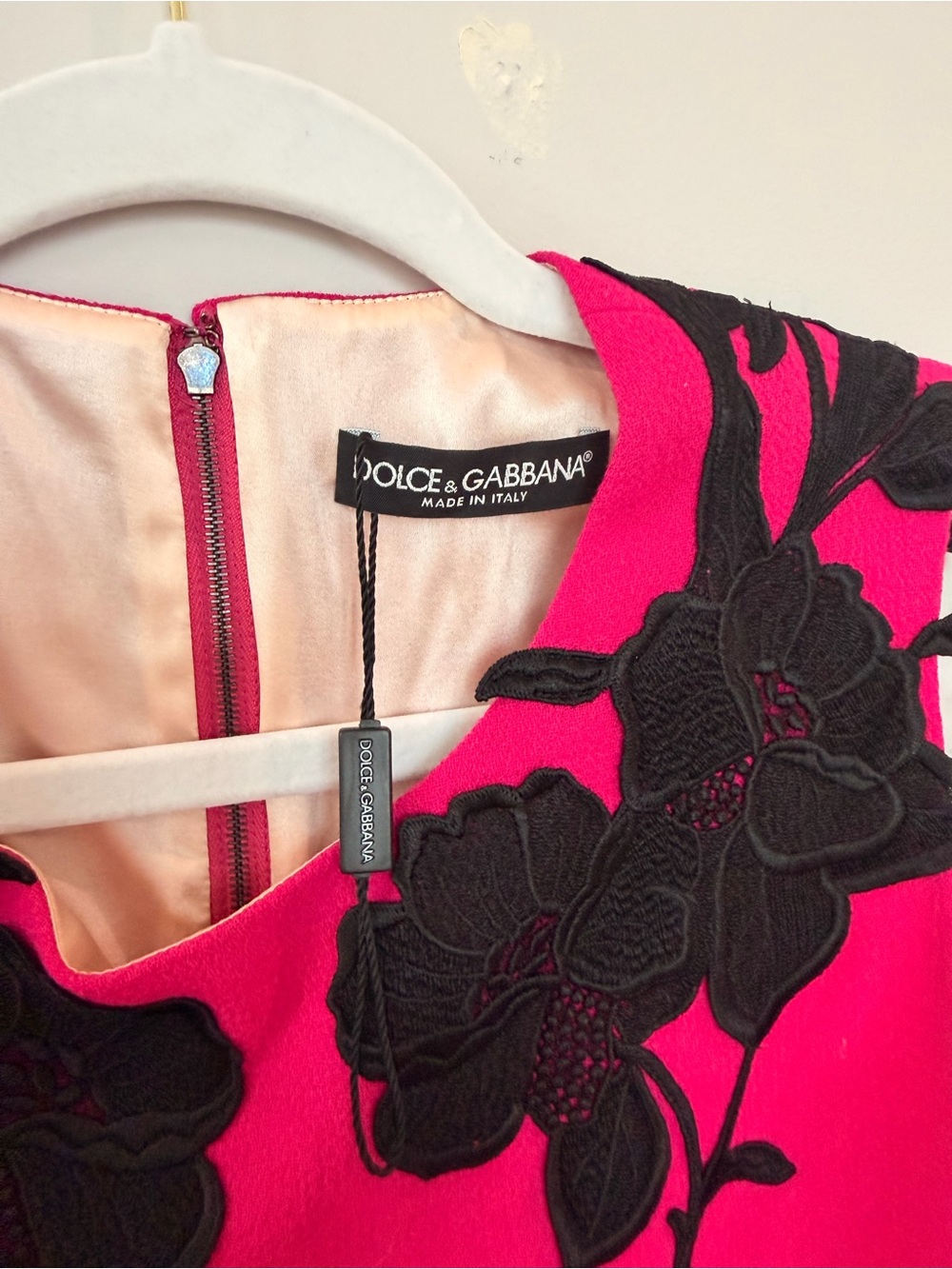 Dolce & Gabbana Hot Pink Dress with Black Floral Appliqué - Picture 2 of 2